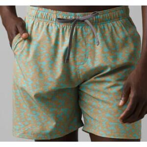 PRANA Men's Plunge Swim Shorts XXL Blue Tan Aqua Current 6" Inseam NWT